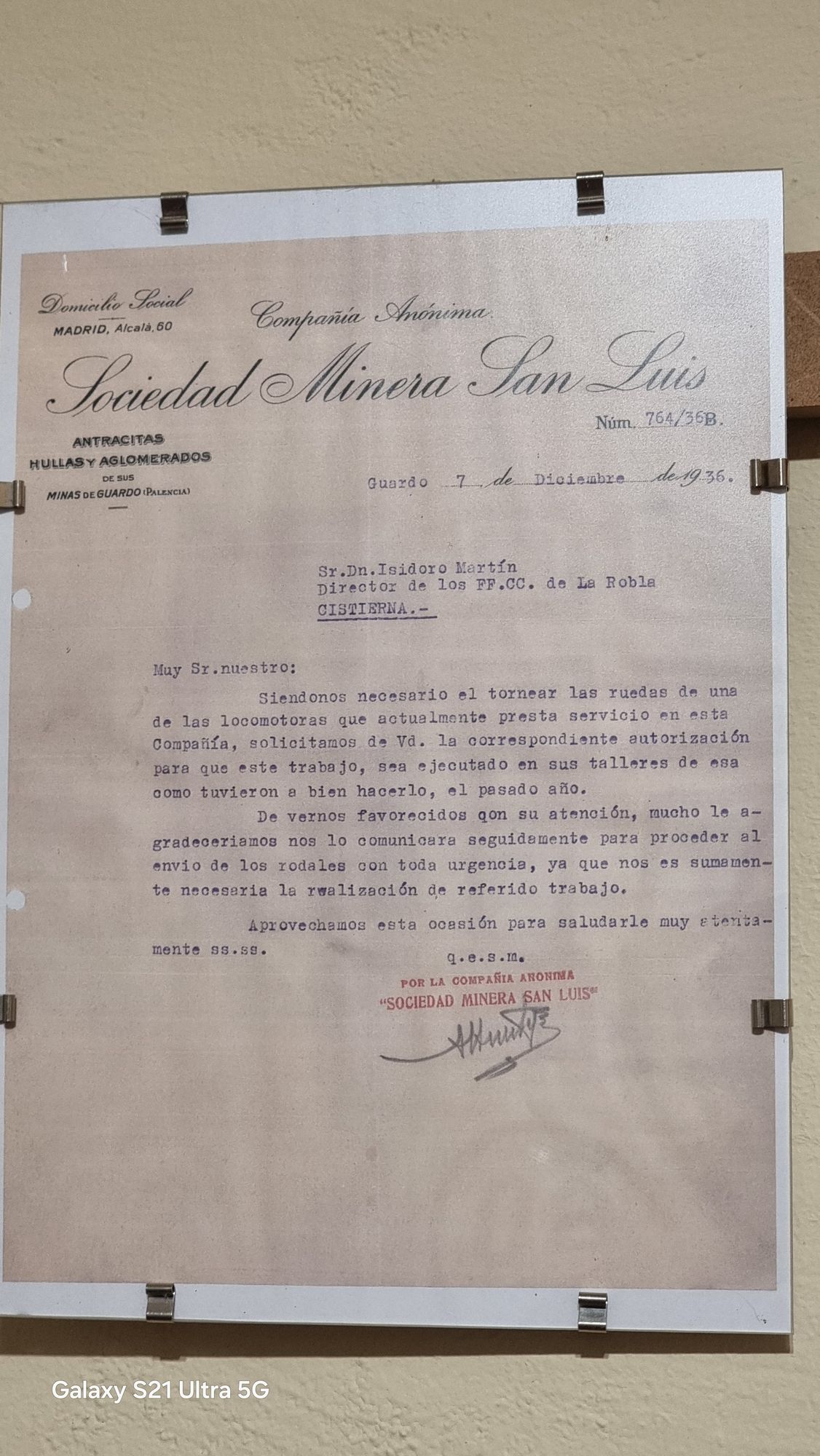 Carta de la Sociedad Minera San Luis, fechada en Guardo el 7 de diciembre de 1936.